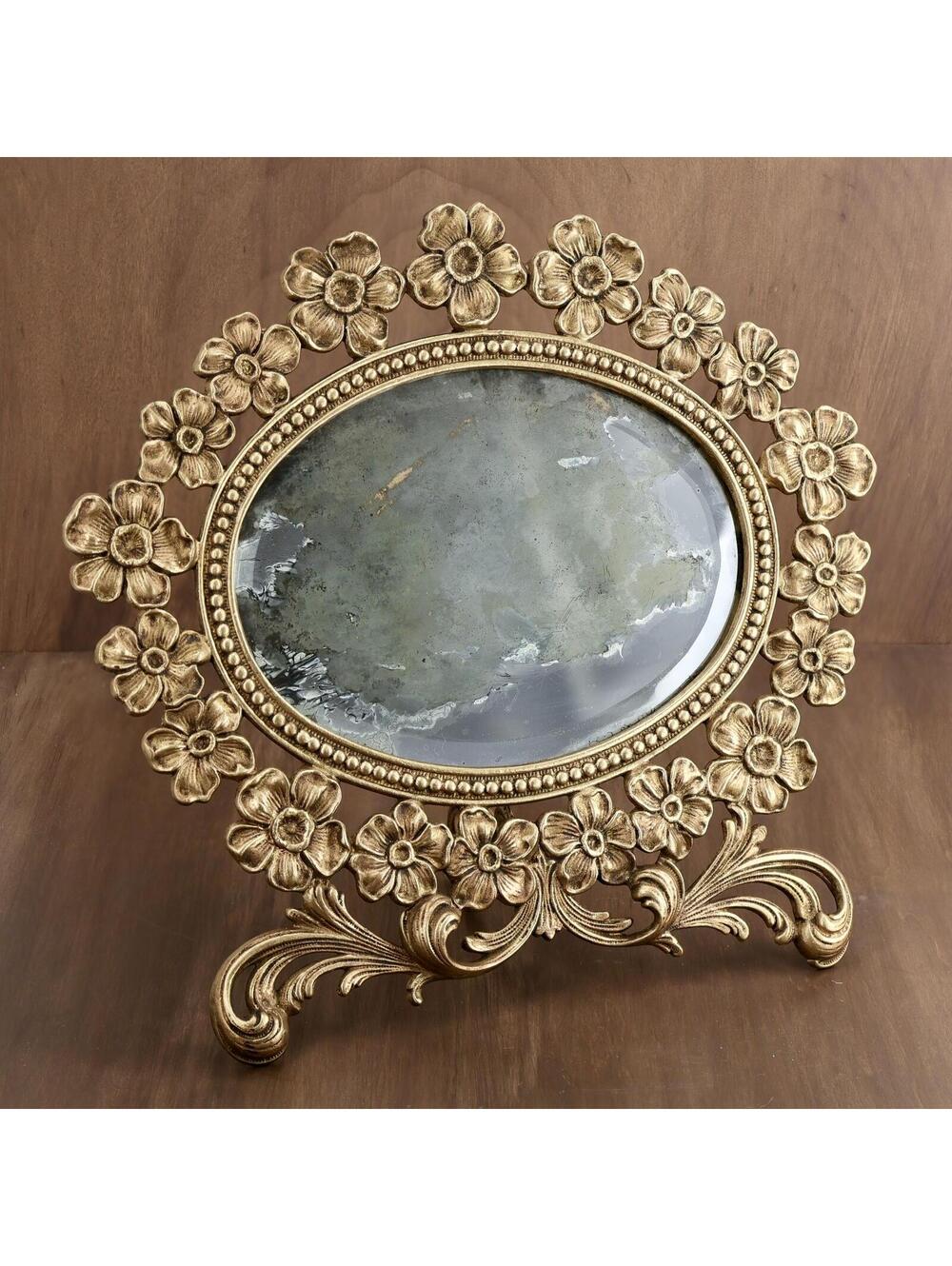 Antique Edwardian Gold Gilded Floral Beveled Table Vanity Mirror 12”